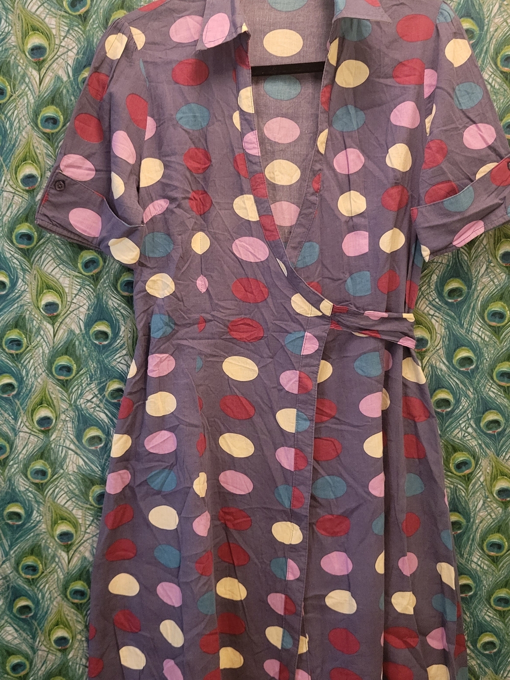Purple Polka-Dot Wrap Midi Dress with Short Sleeves